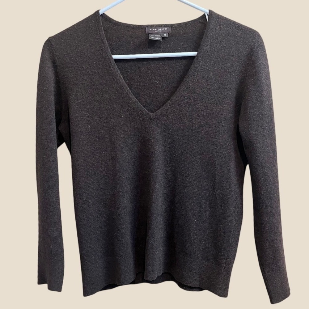 Henri Bendel Cashmere Sweater Womens Medium Brown V-Neck Long Sleeve Classic